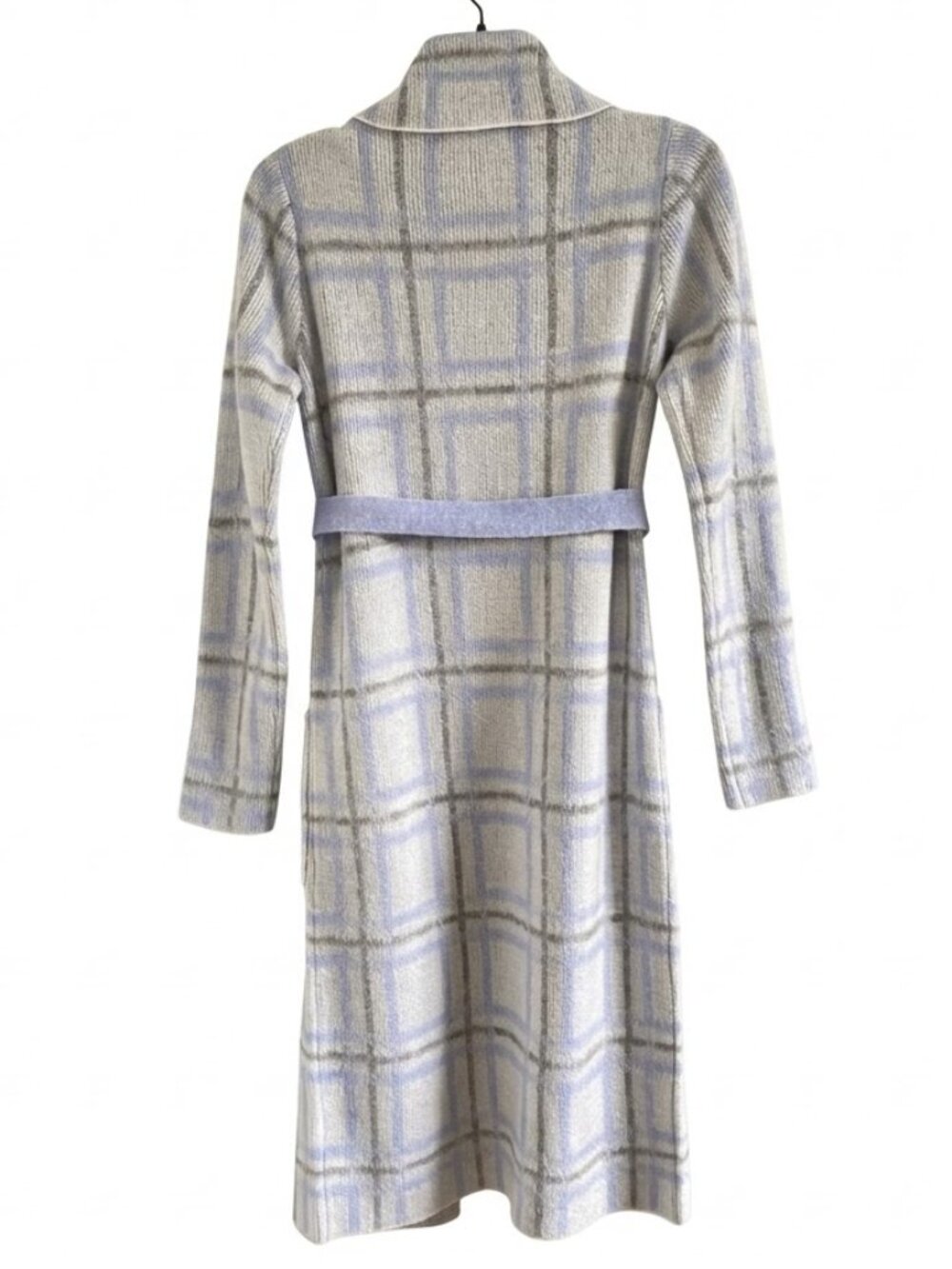 London Kaye Long Plaid Belted Cozy Cardigan Blue Grey XS - Picture 2 of 9